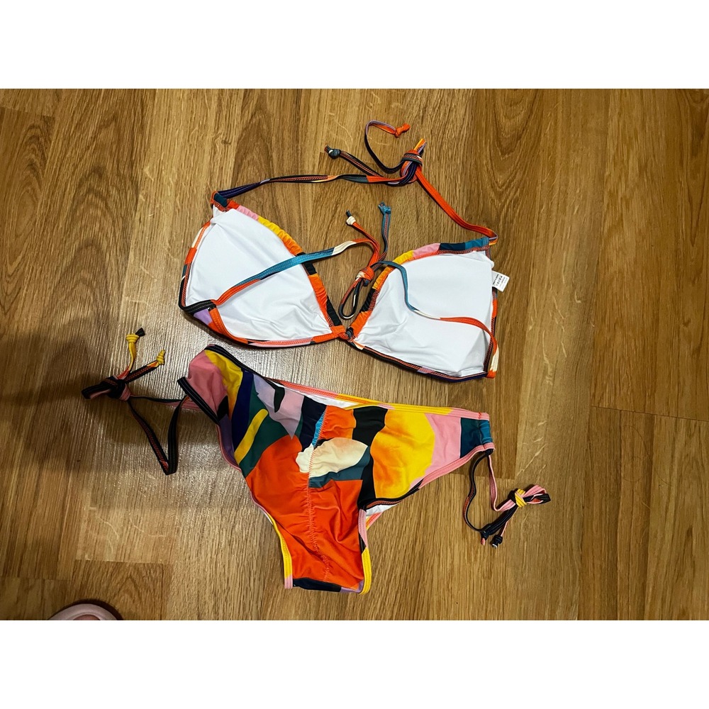 NEW Abstract Tropical Sunset Piece Bikini Set Skirt Medium Orange Green Yellow - Picture 11 of 14